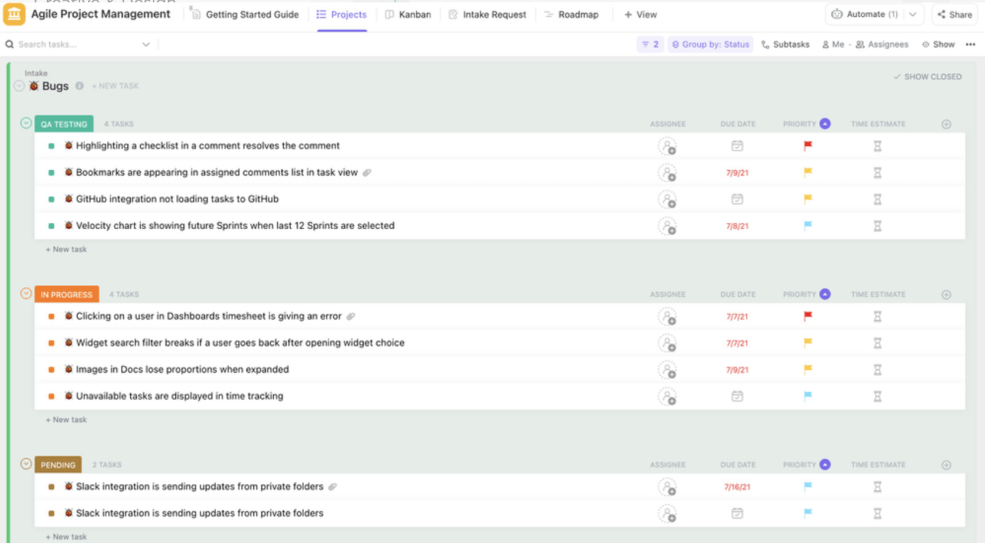 Sjabloon voor agile projectmanagement van ClickUp