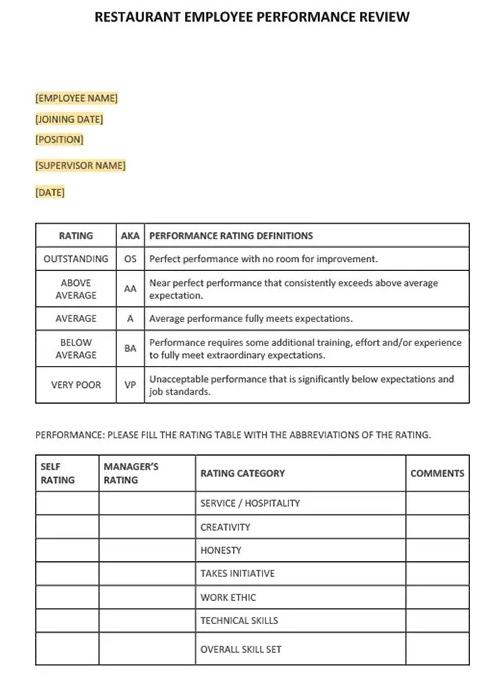 Template.net Restaurant Employee Performance Review Form