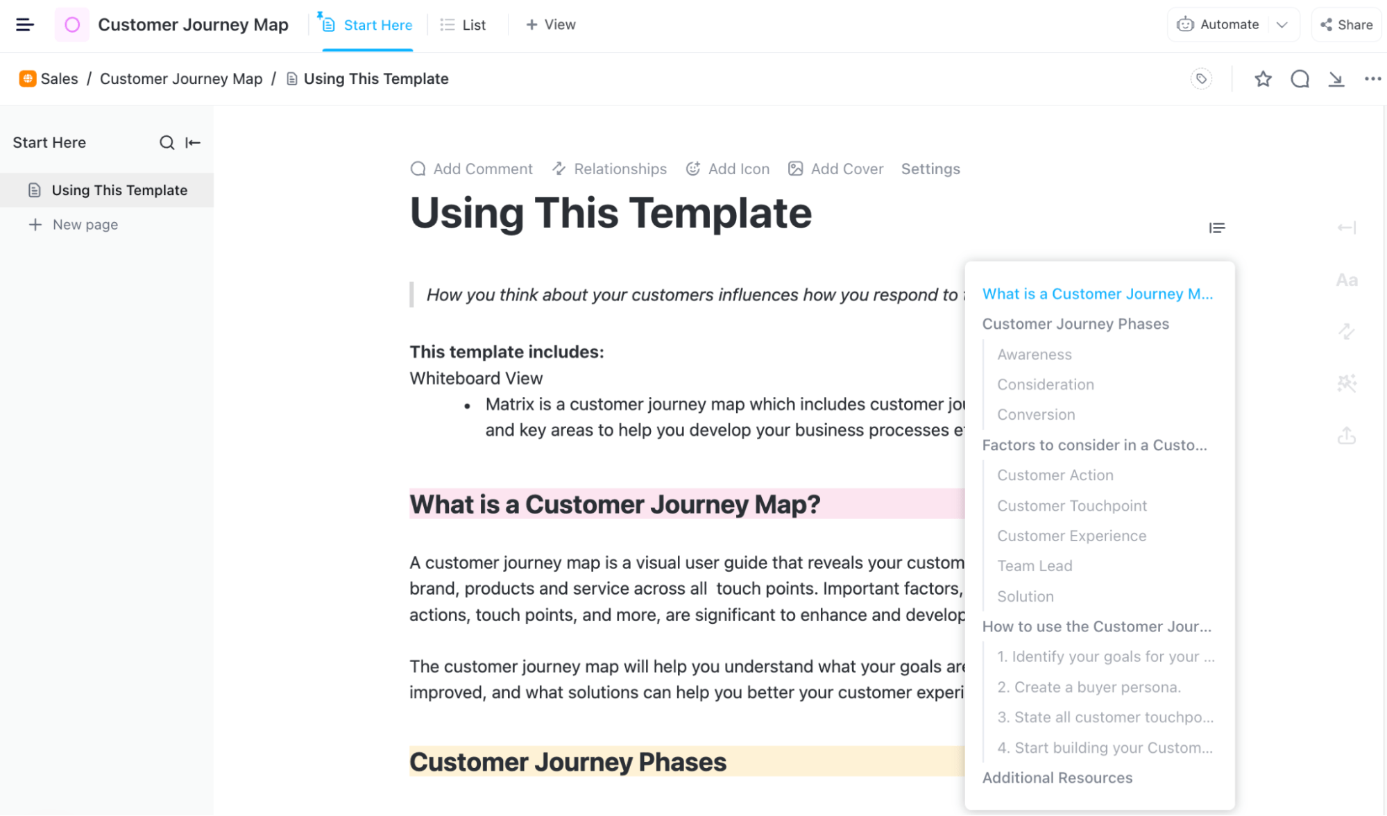 Modèle de carte du parcours client ClickUp