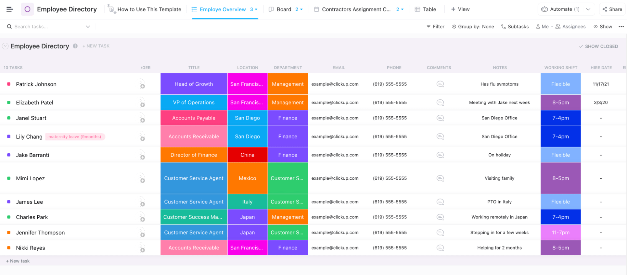 Record and track all employee details to manage resources and capacities with the ClickUp Employee Directory Template