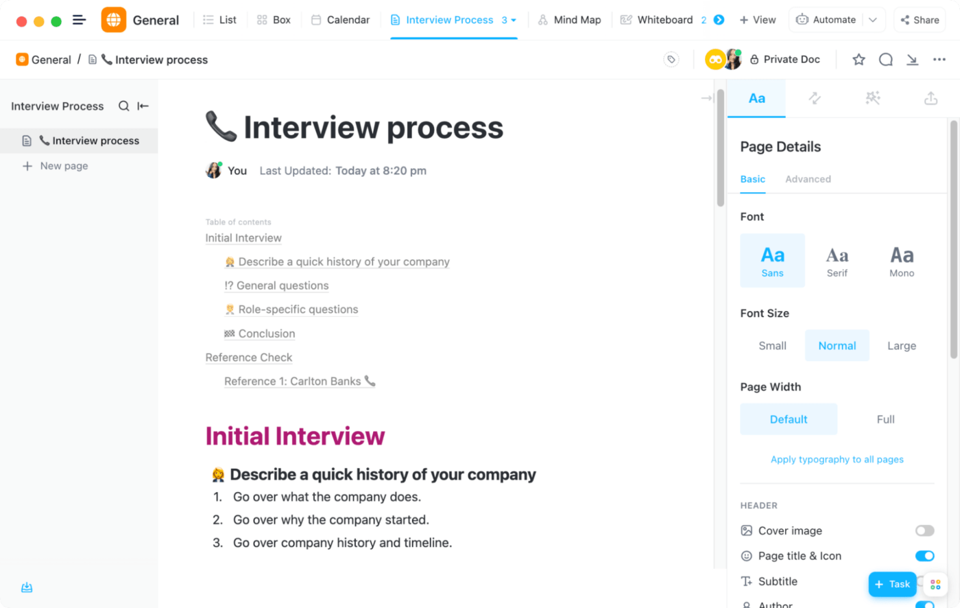 add product manager interview questions and answers to the clickup interview template