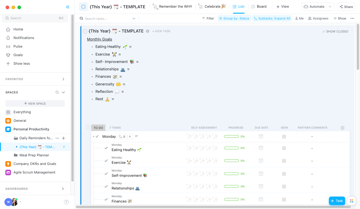 Registra tus propios objetivos en la plantilla de productividad personal ClickUp