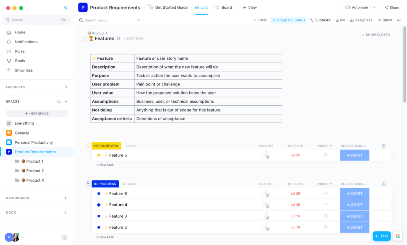 szablon wymagań dotyczących produktu ClickUp