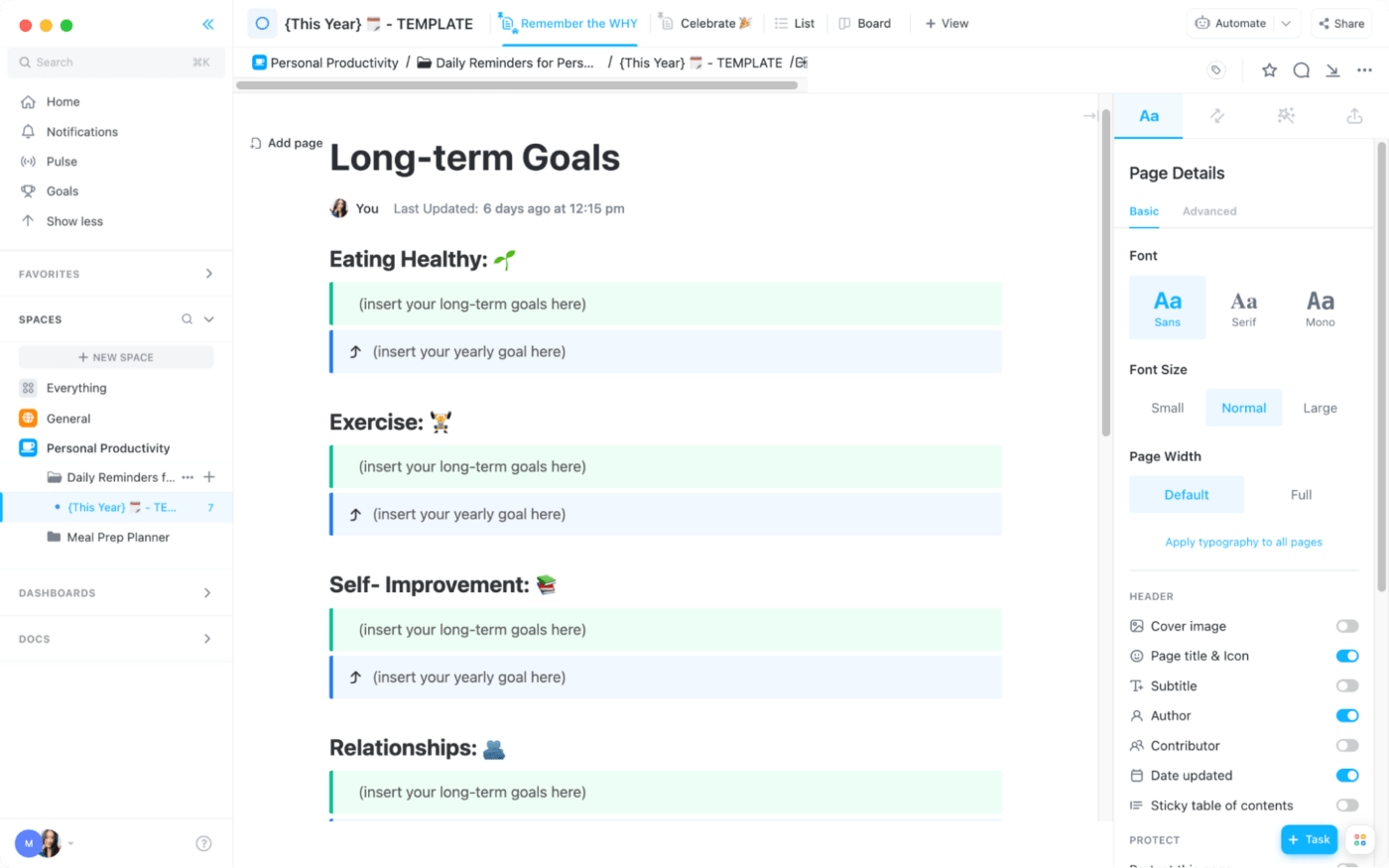 tracking goals and productive habits in clickup 