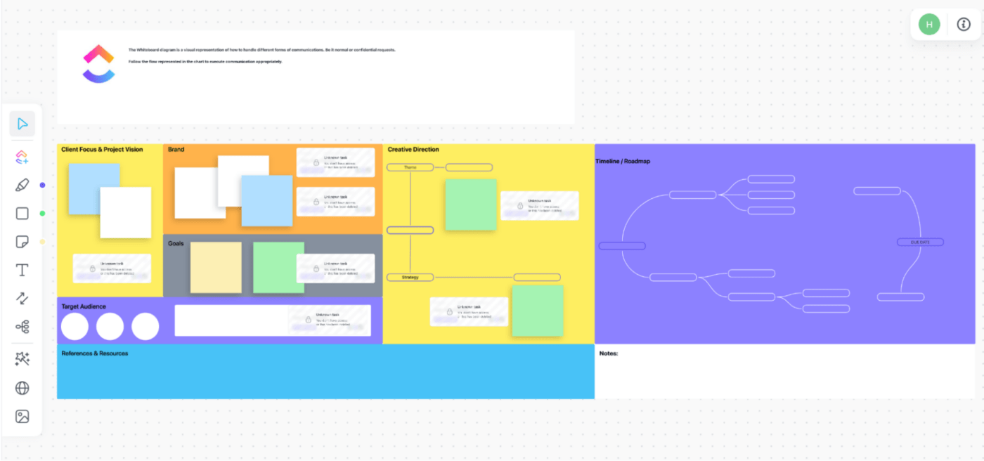 Plantilla de resumen de diseño en pizarras de ClickUp