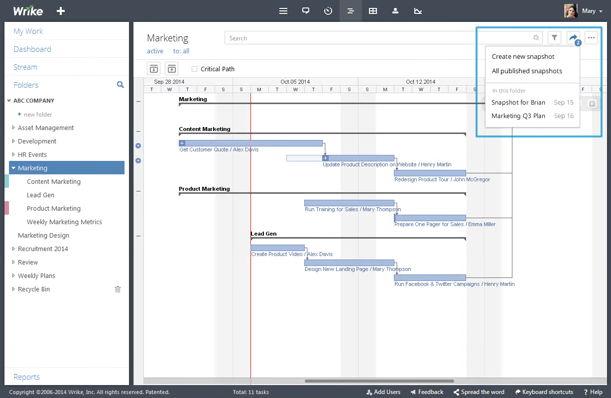 Waterfall model example in Wrike