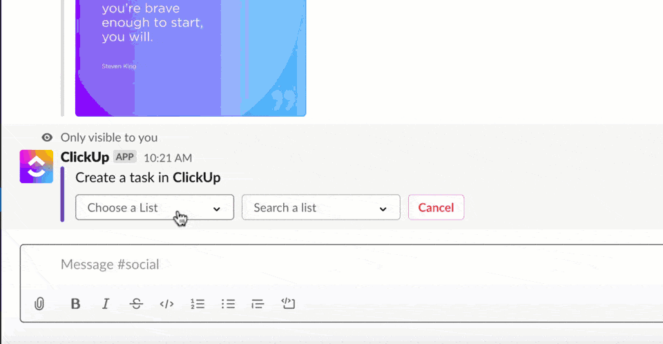 Creazione di una nuova attività da Slack a ClickUp