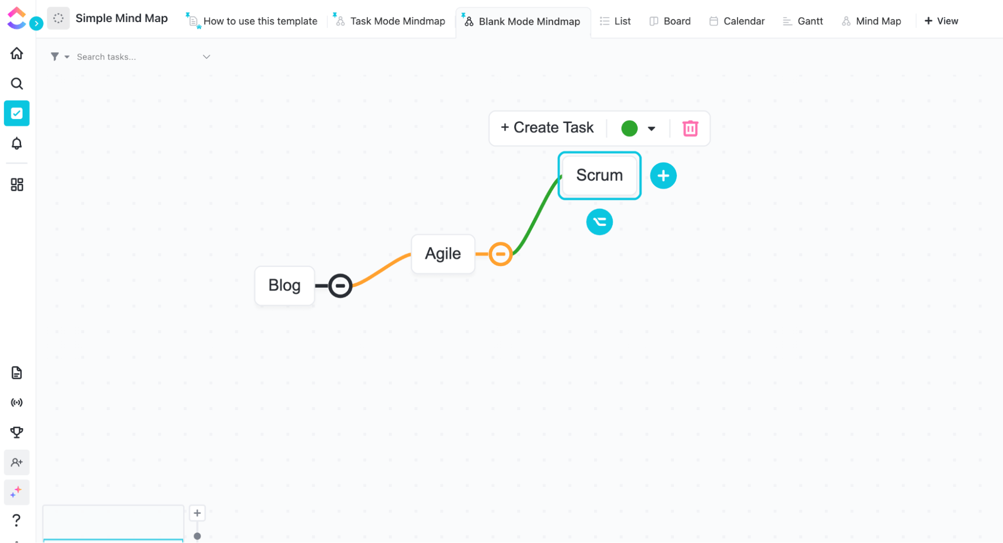 Visualisasikan alur kerja Anda dalam diagram yang fleksibel dengan templat Peta Pikiran Sederhana dari ClickUp