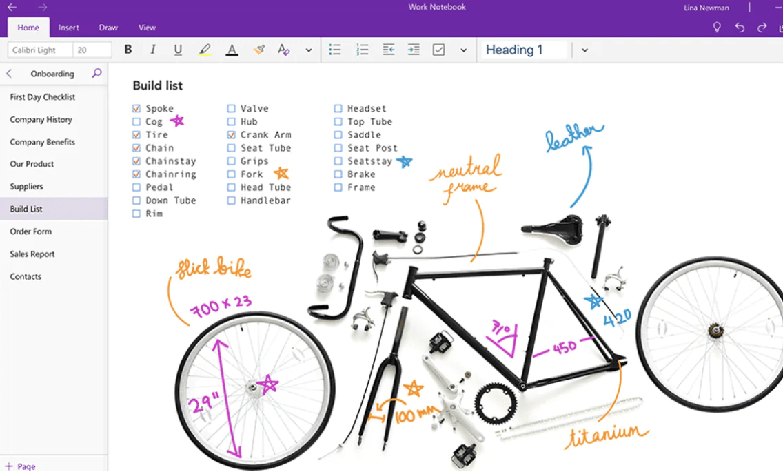 Screenshot of OneNote Build List feature