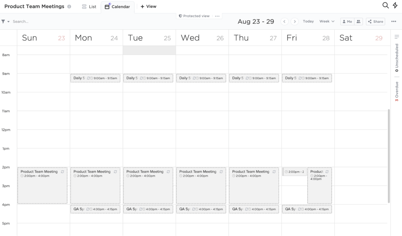 clickup calendar view for product meetings