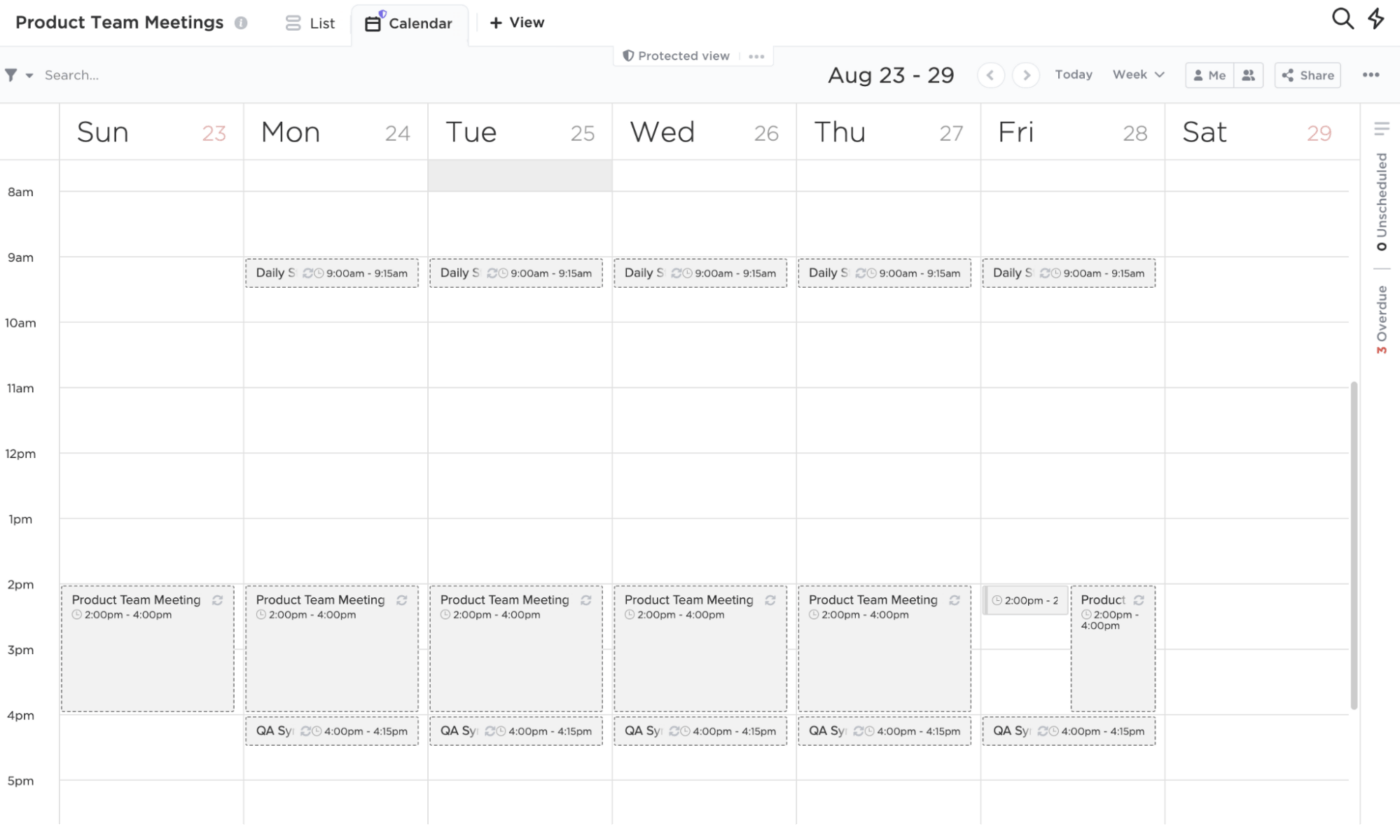 clickUp affiche le calendrier des réunions sur les produits