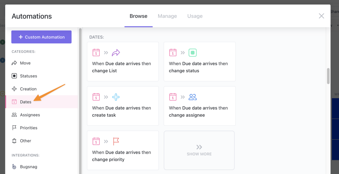 recettes d'automatisation de la date dans clickup