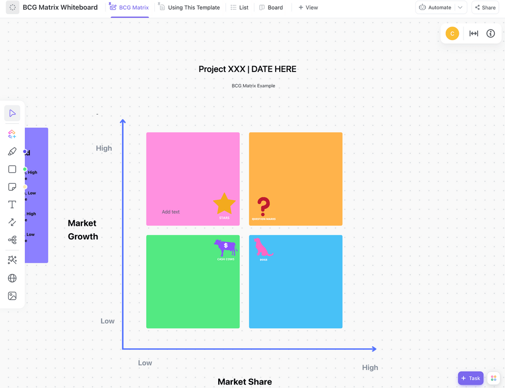 Probeer de ClickUp BCG Matrix Sjabloon om uw besluitvormingsproces over producten met hoge of lage groei te visualiseren