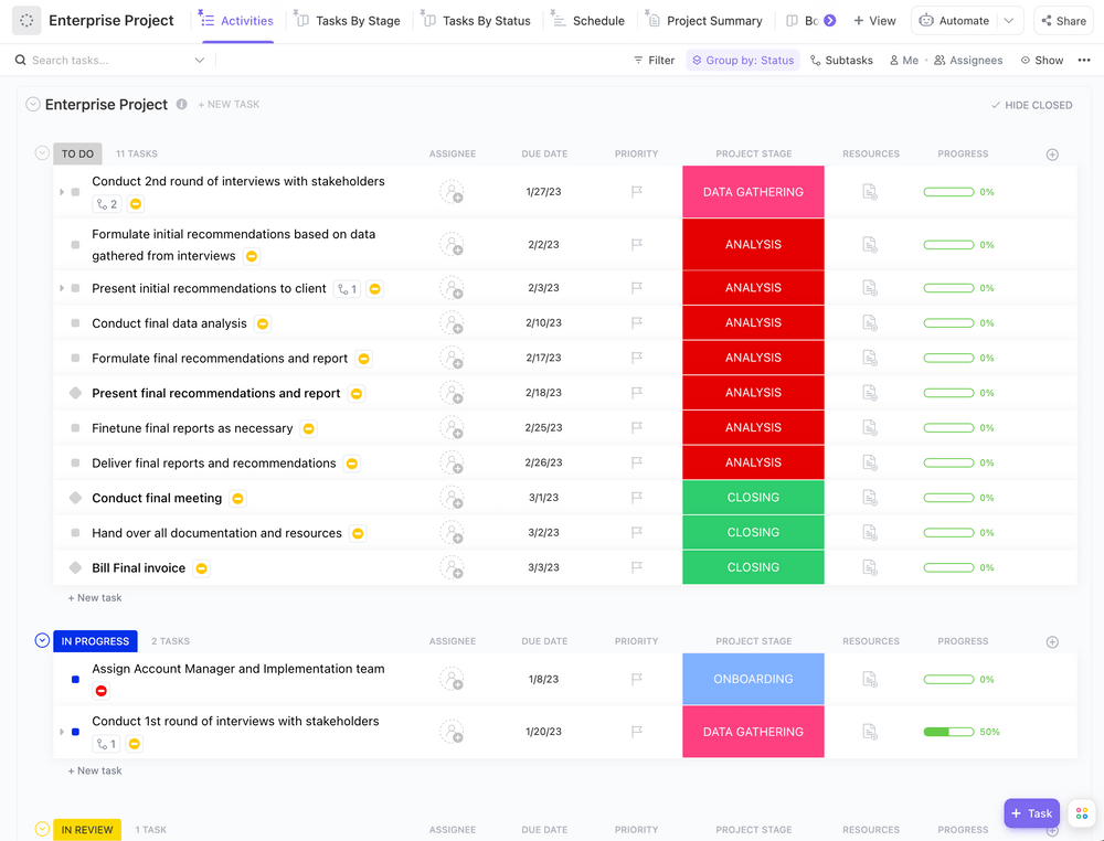 Szablon planu projektu ClickUp Consulting