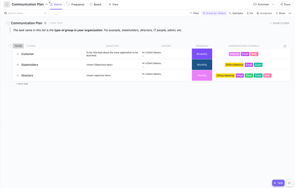 ClickUp Messaging Matrix Vorlage