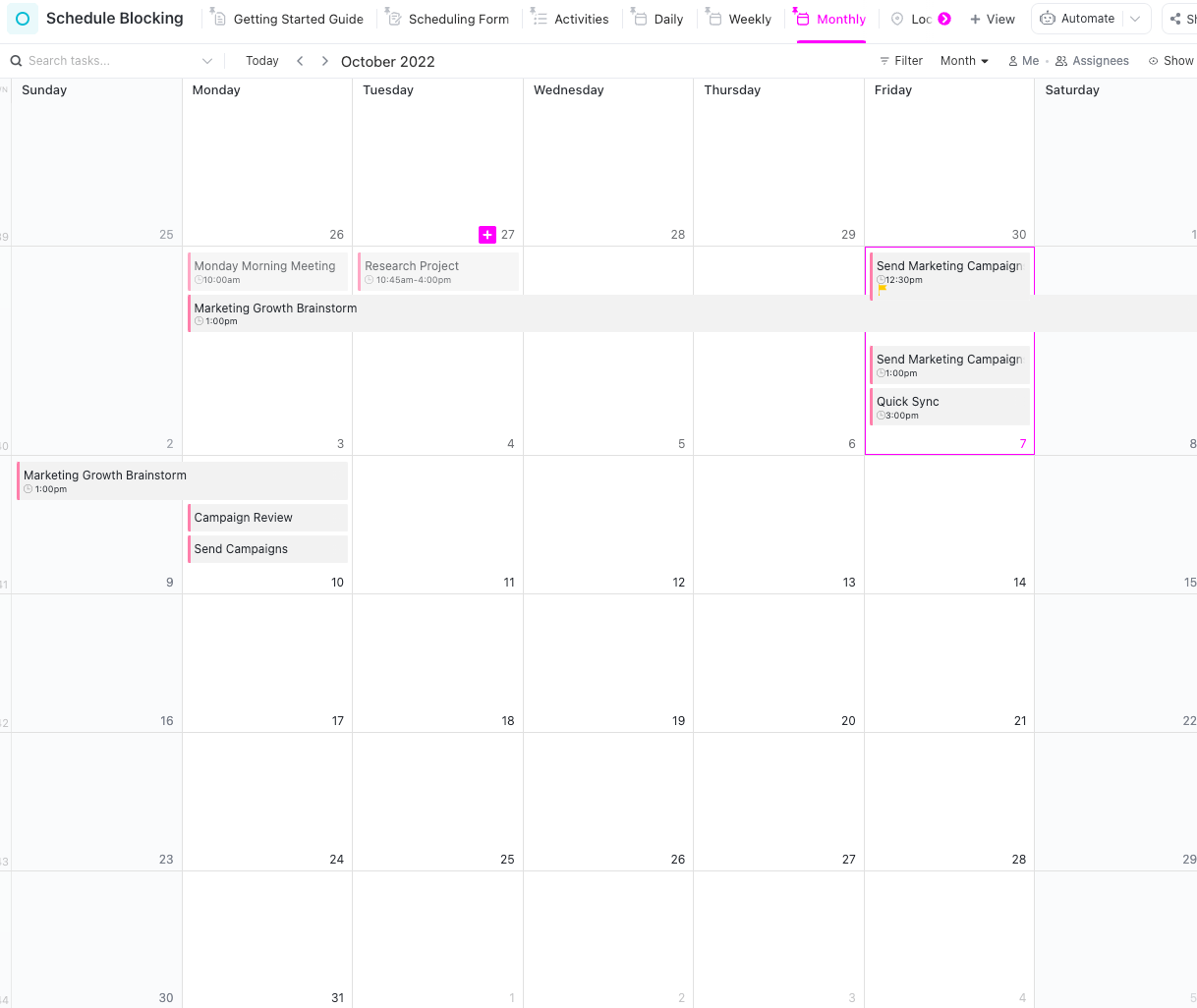 Monthly time blocking planner in ClickUp's Schedule Blocking Template  