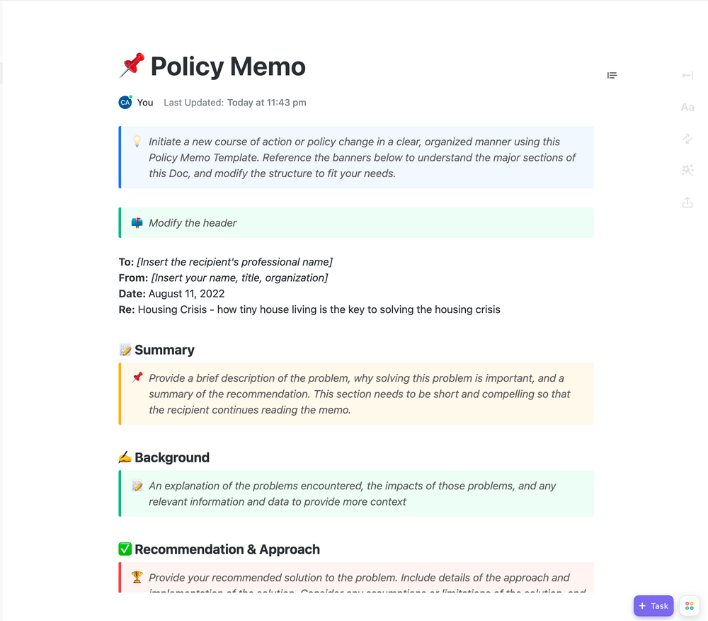 Modello di promemoria della politica ClickUp