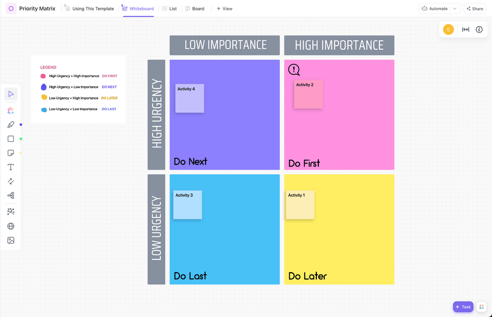 Verwenden Sie diese ClickUp-Vorlage für eine Prioritätsmatrix, um kritische Aufgaben nach Dringlichkeit, Auswirkung und Wichtigkeit geordnet zu identifizieren