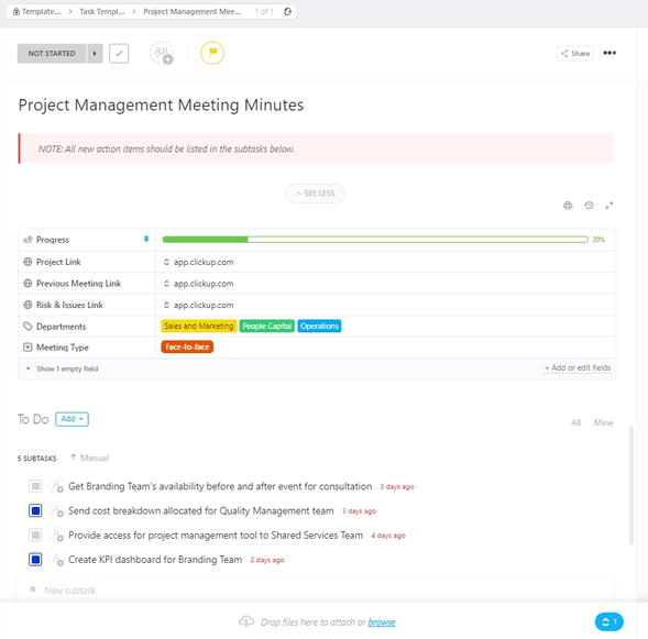 Modèle de compte rendu de réunion de gestion de projet ClickUp