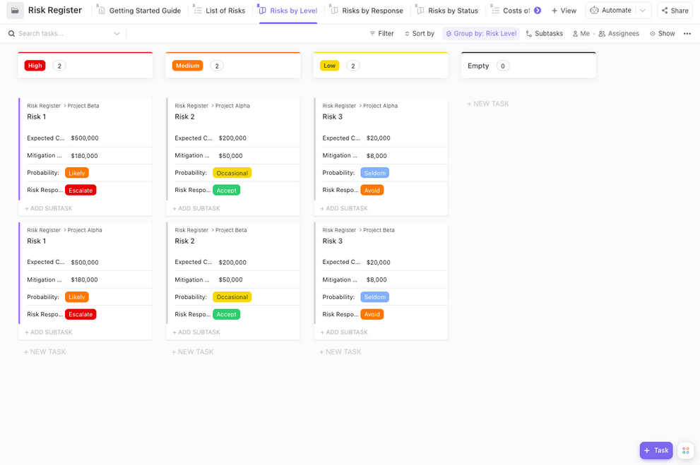 Visualizzare le risposte del modulo di valutazione del rischio per priorità nella vista Board di ClickUp