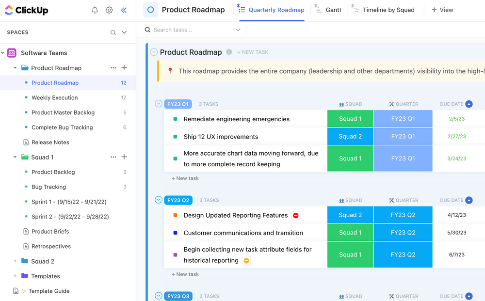 ClickUp Software Team Product Roadmap Template