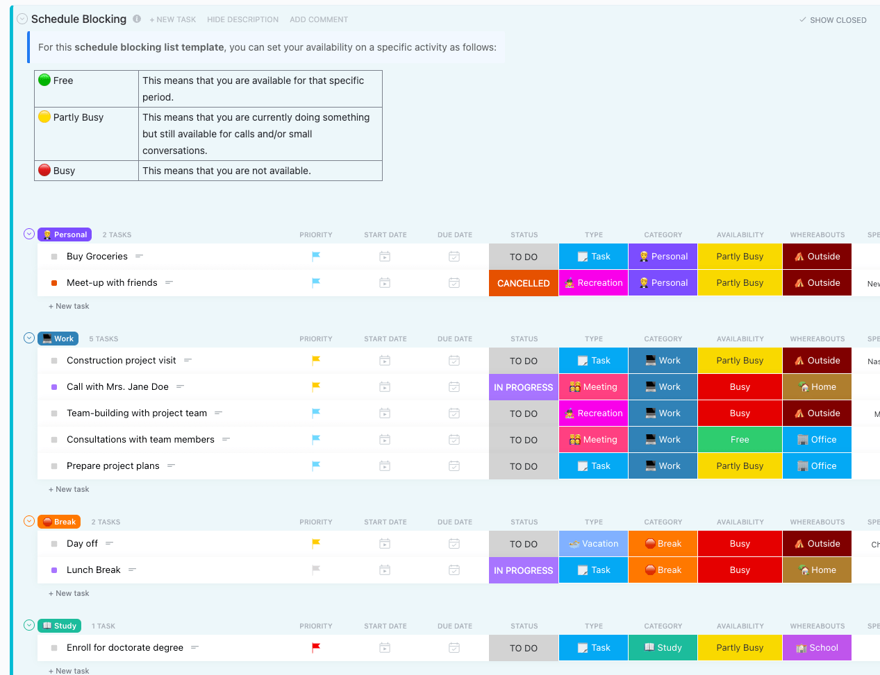 Modelo de lista de bloqueio de tempo do ClickUp