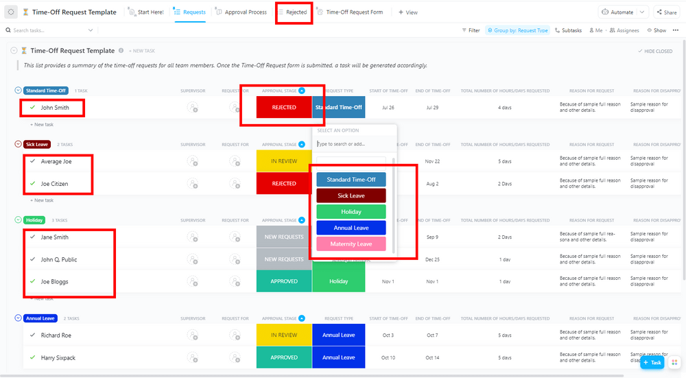 ClickUp's Time Off Request Template is designed to help you manage employee requests for time off.