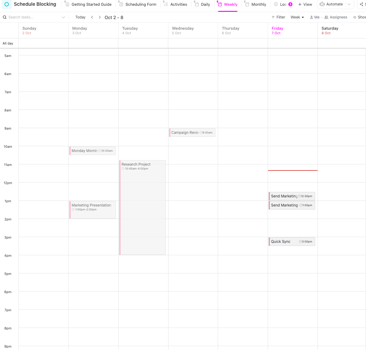 Weekly time blocking planner in ClickUp's Schedule Blocking Template