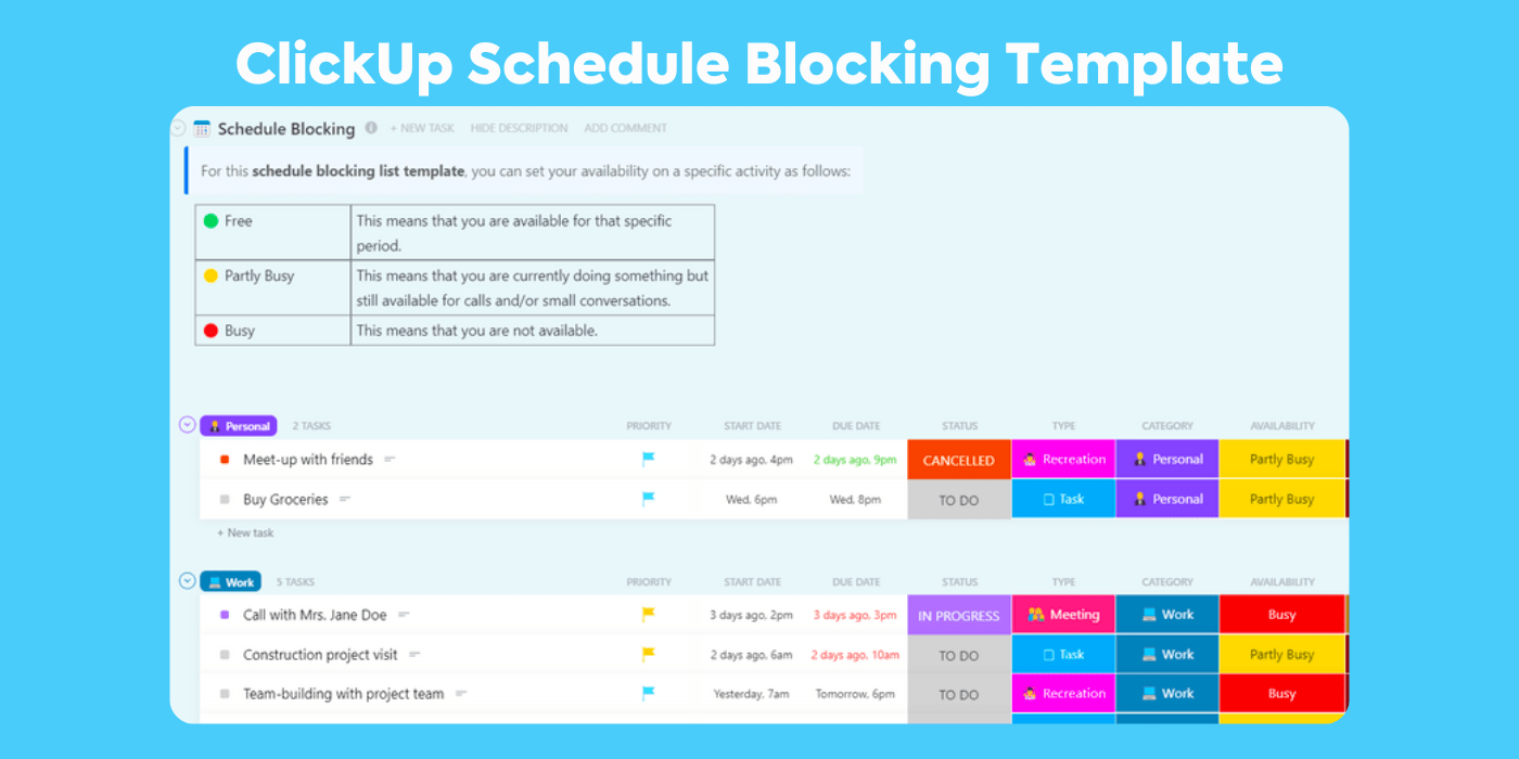 Easily keep track of your time and schedule with the Schedule Blocking Template by ClickUp