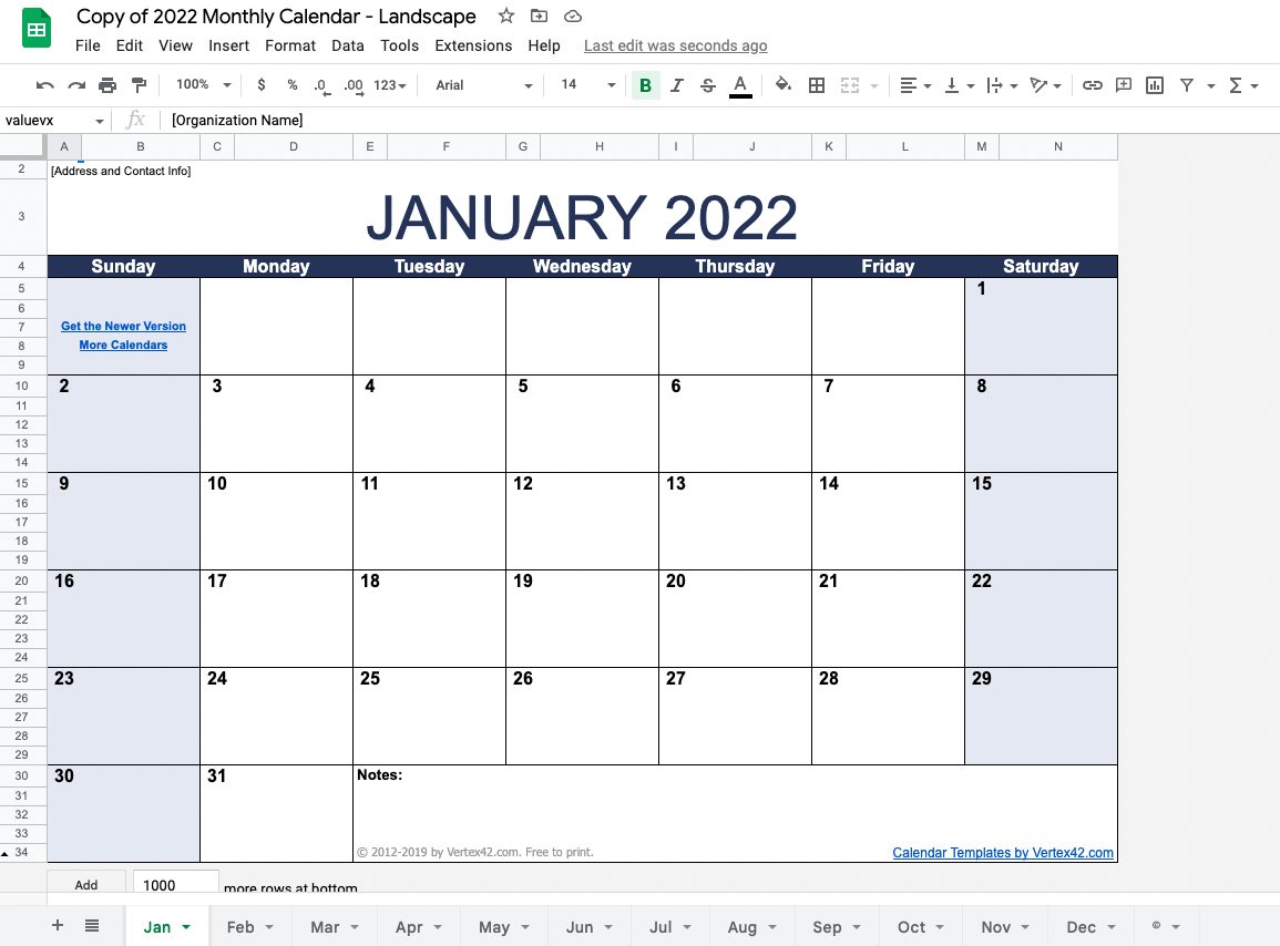 Plantilla de Calendario Mensual de Google Sheets