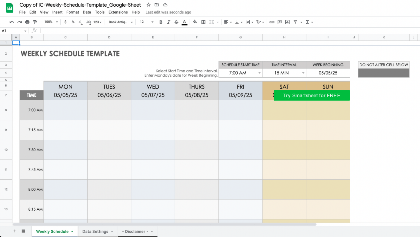 Modello di calendario settimanale di Google Sheets