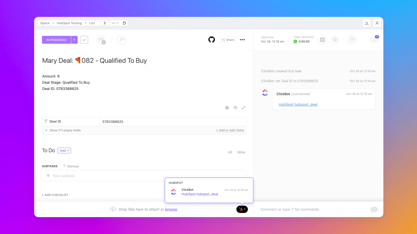 ClickUpタスクでリンクされたHubSpotディール例