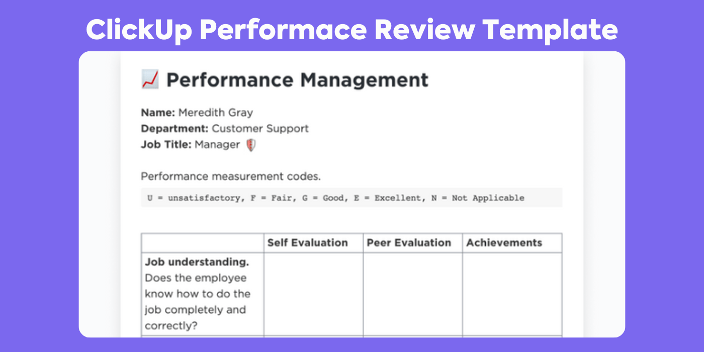 Assess job performance, share feedback, and outline action items for improvement with this Performance Review Template by ClickUp