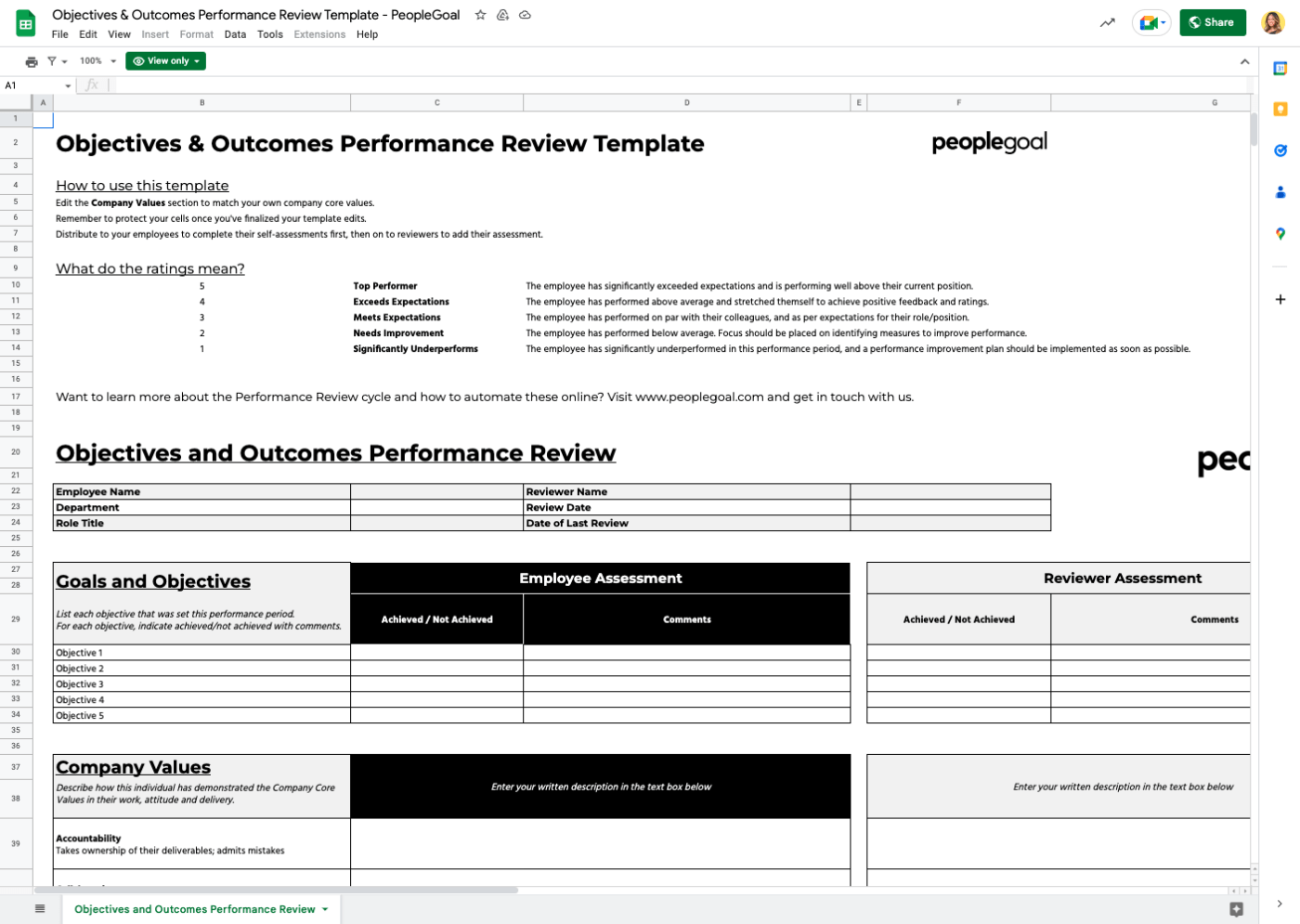 Google Sheets Objectives and Outcomes Performance Review Template
