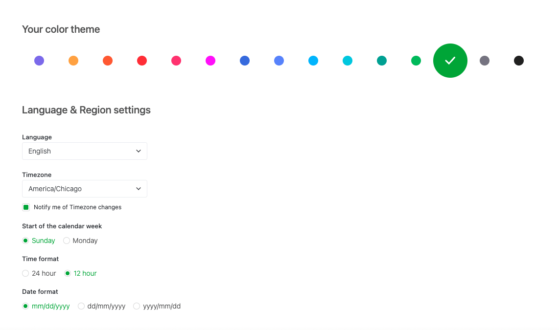 Paramètres du fuseau horaire dans l'exemple ClickUp