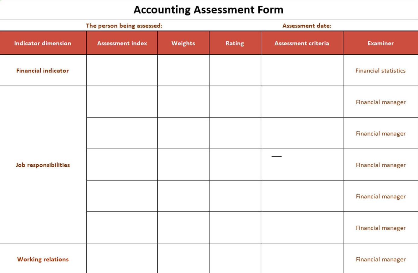 WPS Accounting Assessment Form Excel Template