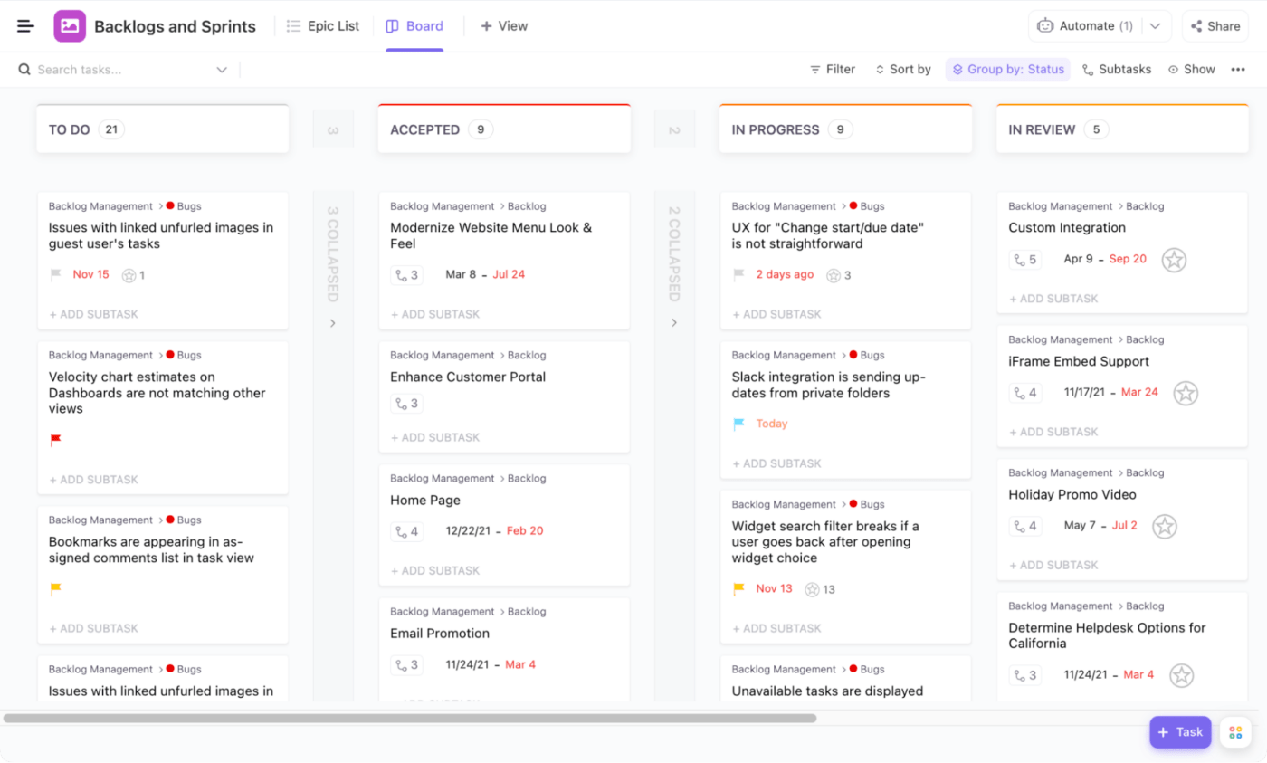 backlogs and sprints clickup board view