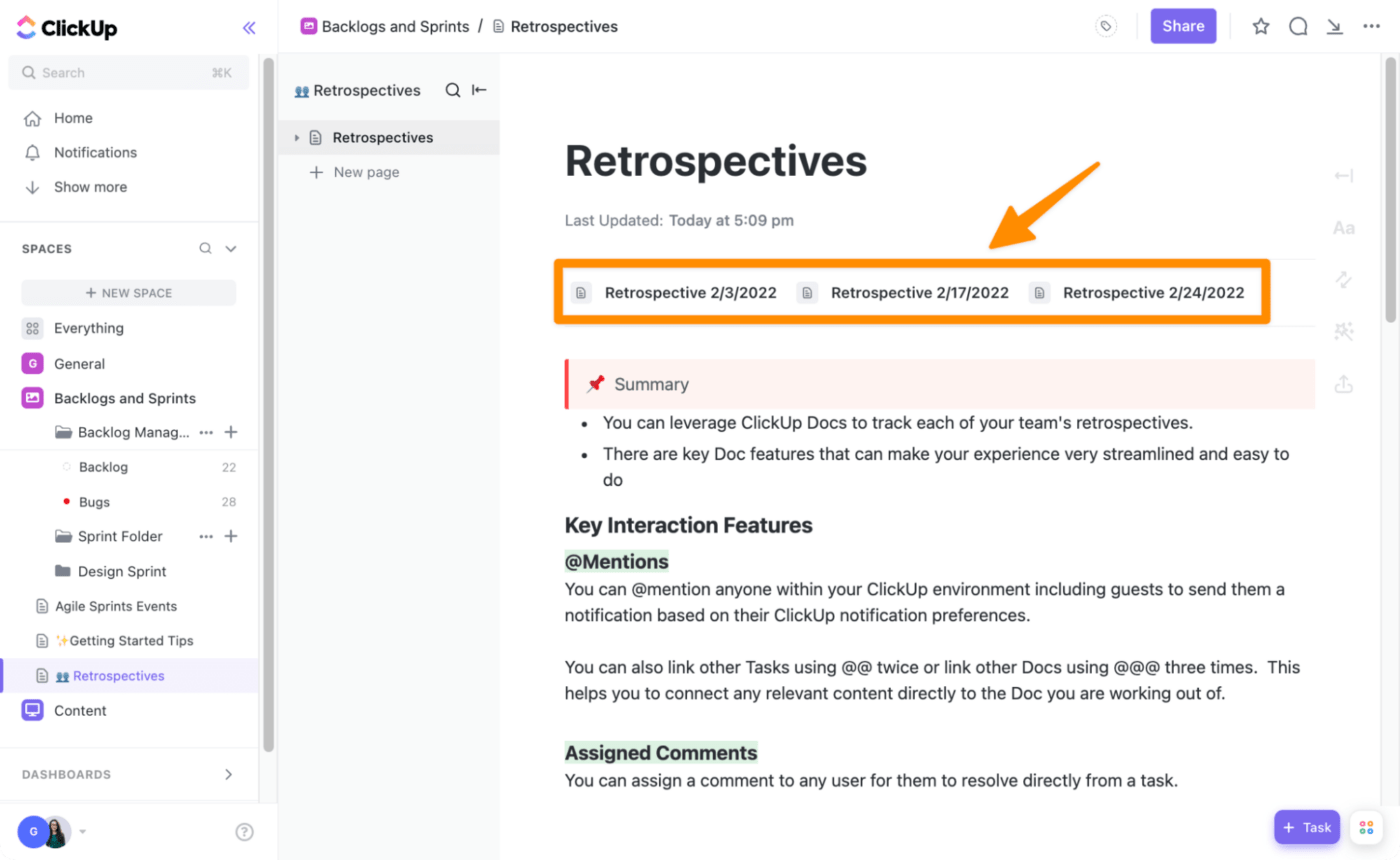 Capture insights and assign action items during a Mad Sad Glad retrospective meeting in ClickUp
