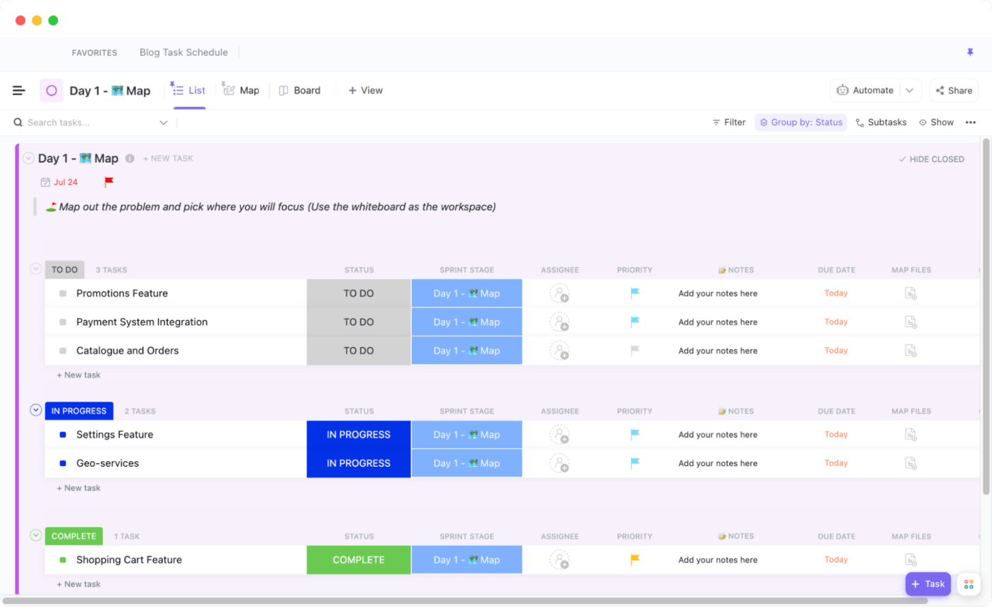 modello di sprint per la progettazione di ClickUp