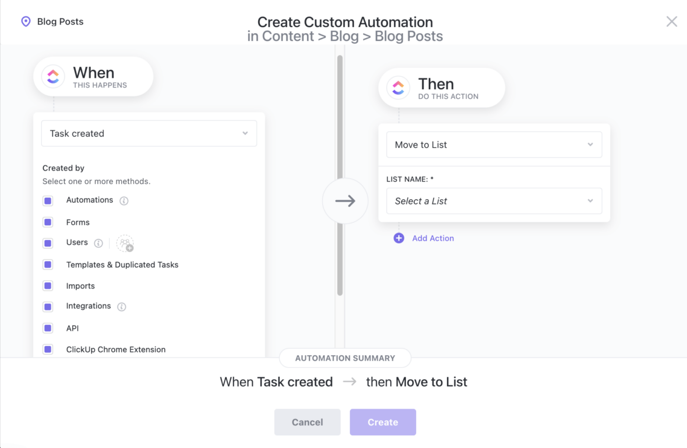 clickup task creation automation example