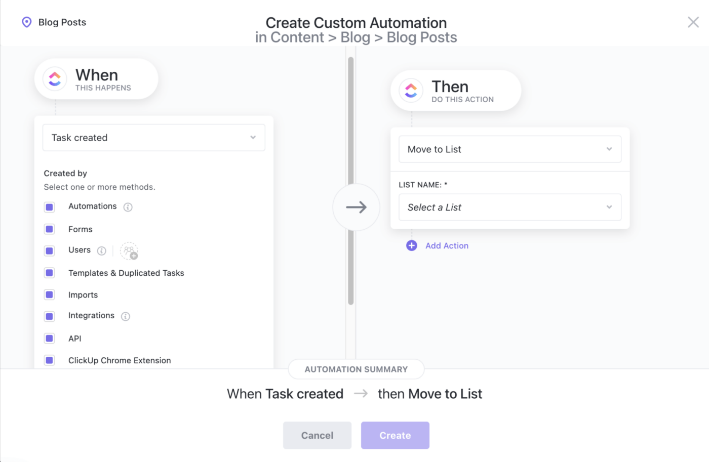 voorbeeld van automatisering voor het maken van clickup-taken