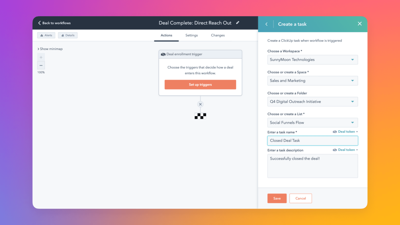 deal status change in HubSpot triggering a ClickUp Task