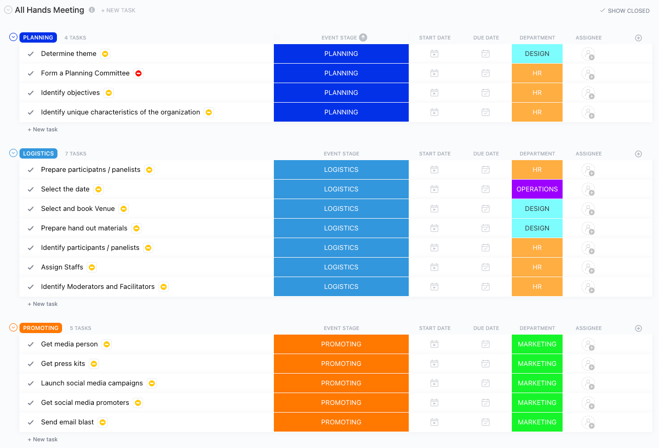 Gerencie facilmente a logística, o tempo e o planejamento da próxima reunião da sua empresa com o All Hands Meeting Template da ClickUp