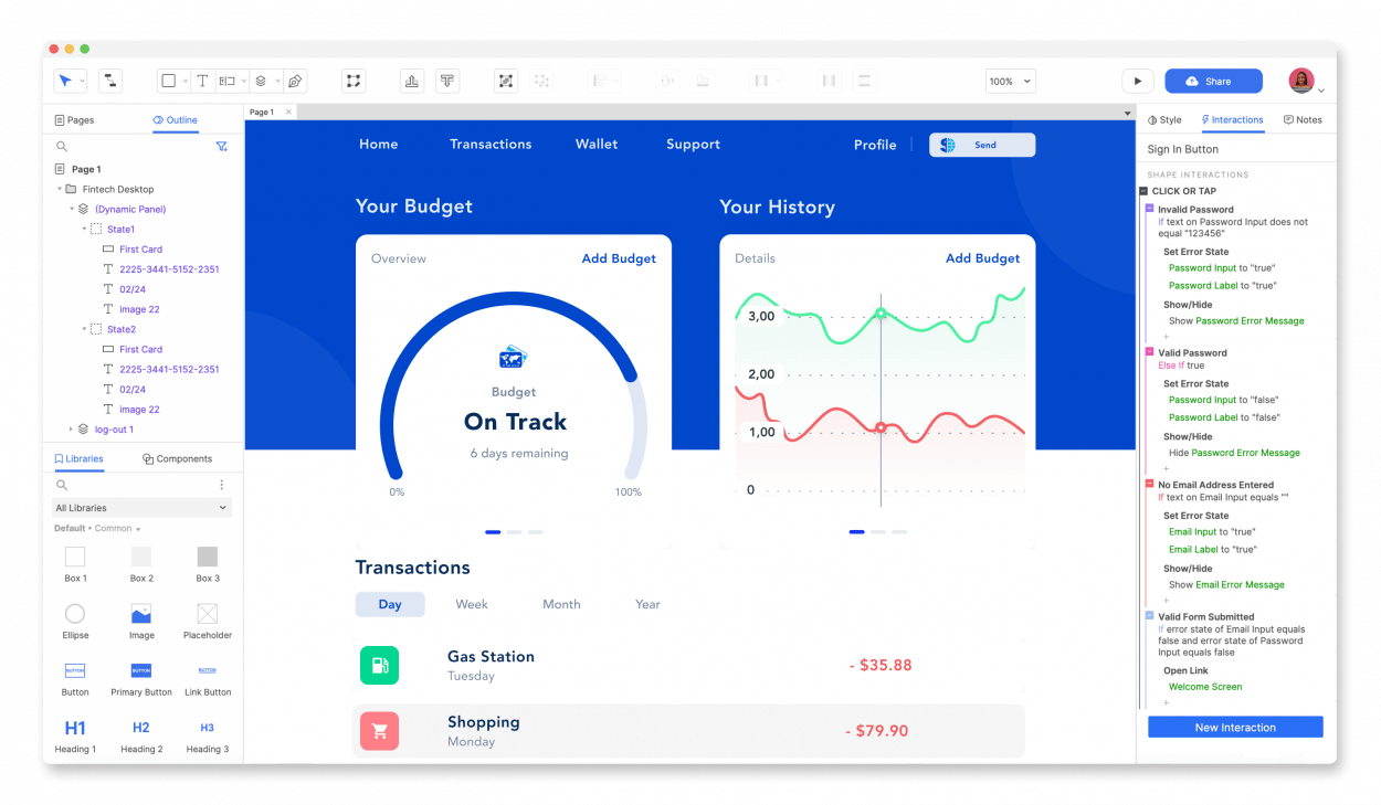 Ferramentas de design UX: Exemplo de painel do Axure