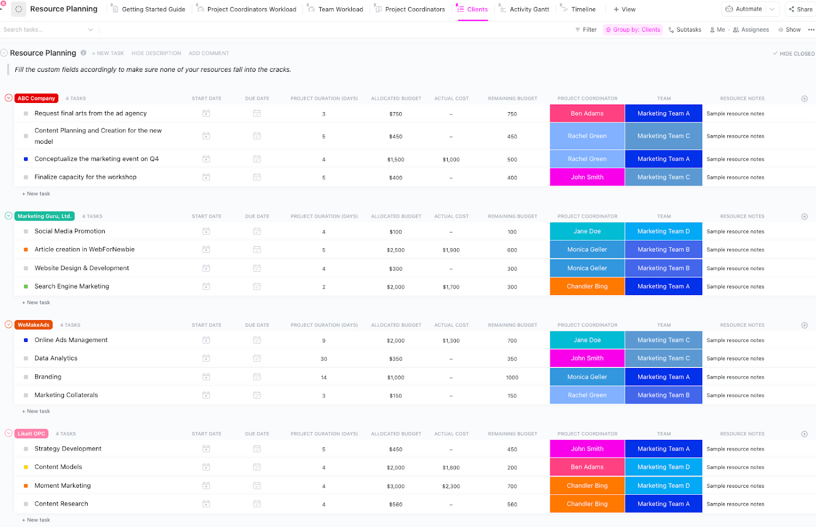 Supervisez toutes les ressources actuelles avec le modèle de liste de planification des capacités de ClickUp