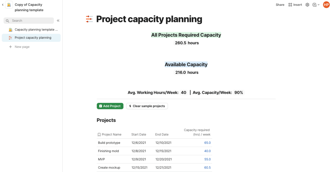 Capacity Planning Template by Coda