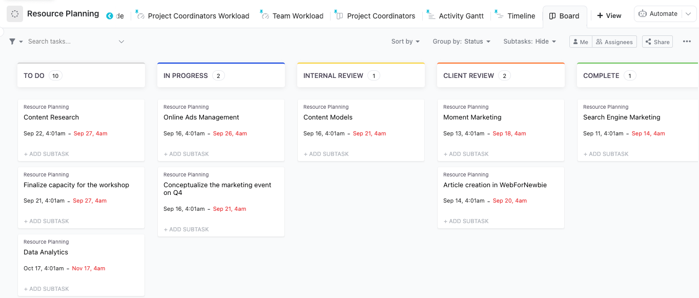 Vorlage für Ressourcenplanung von ClickUp