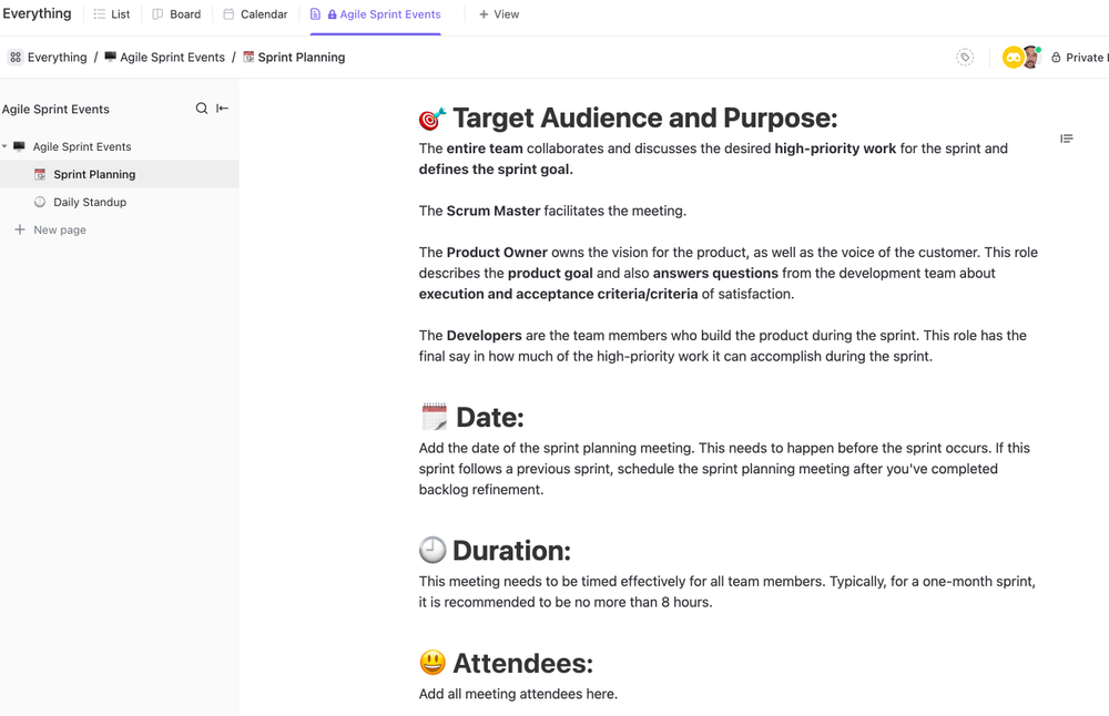 Modelo de eventos do ClickUp Agile Sprints