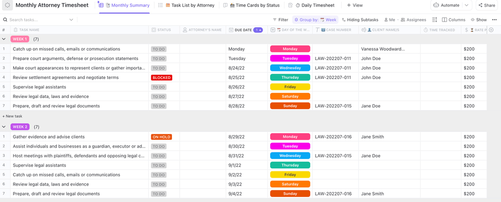 ClickUp 변호사 타임시트 템플릿