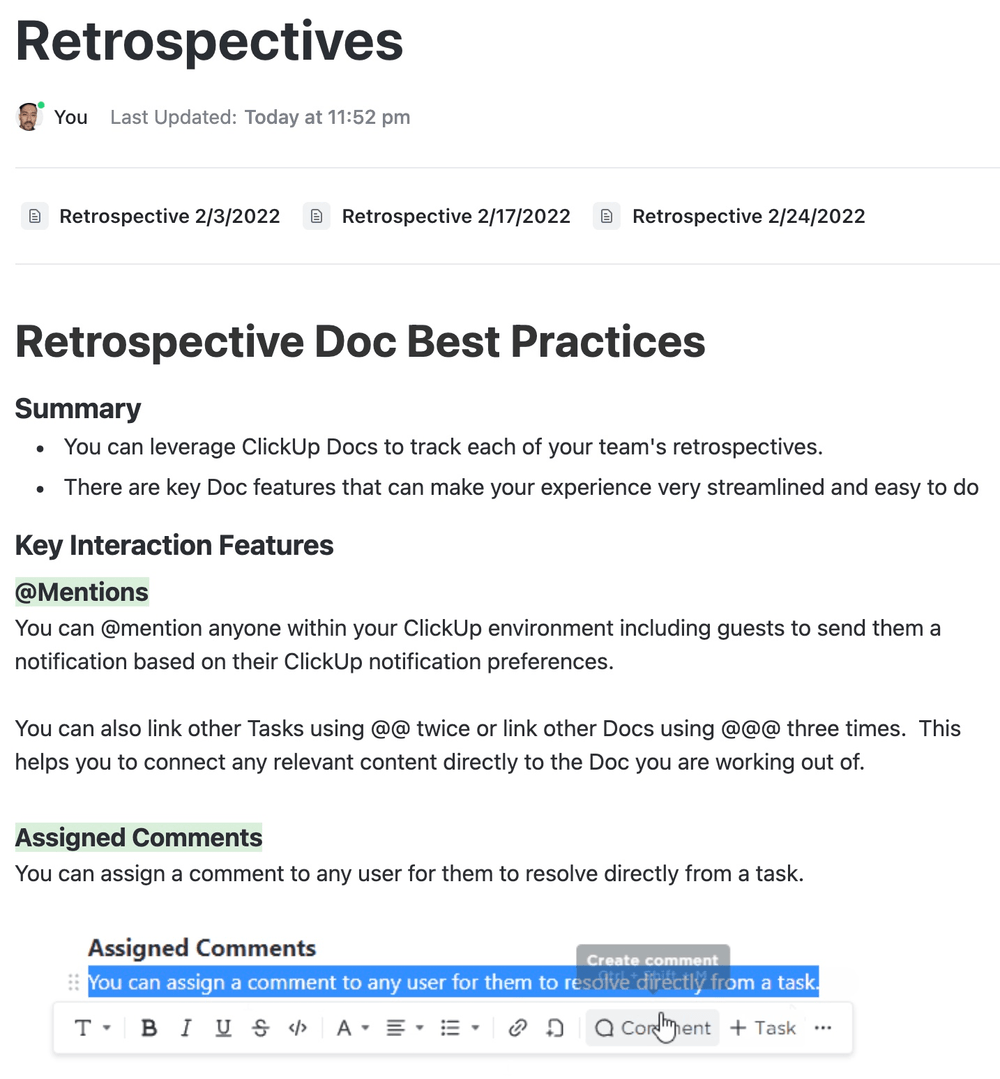 Use a ClickUp Doc to capture feedback during a Sprint Review